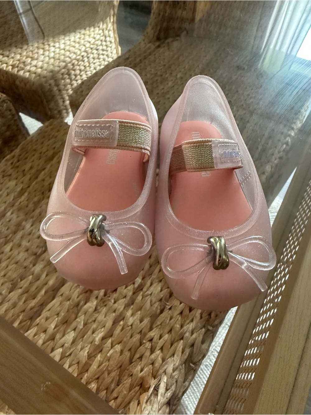 Girls Pink Mini Melissa Mary Jane Ballet Flats with Gold Accent and Bow Size 5T